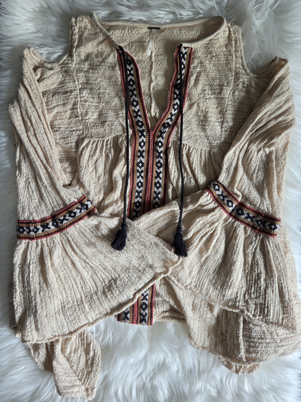 Free People Cream Peasant Tunic with Embroidered Trim